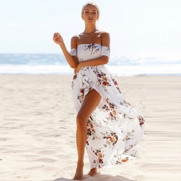 Dresses & Skirts - Off Shoulder Floral Split Chiffon Maxi dress